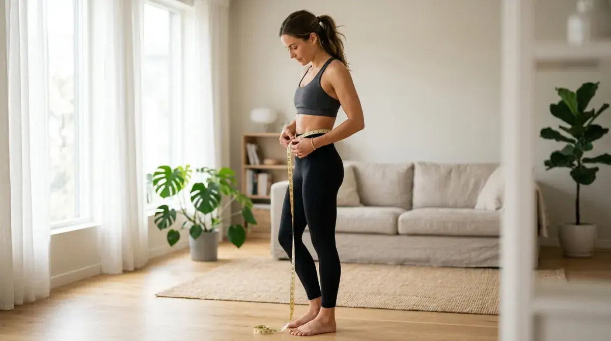 A person measuring their waist with a tape measure in a bright home setting