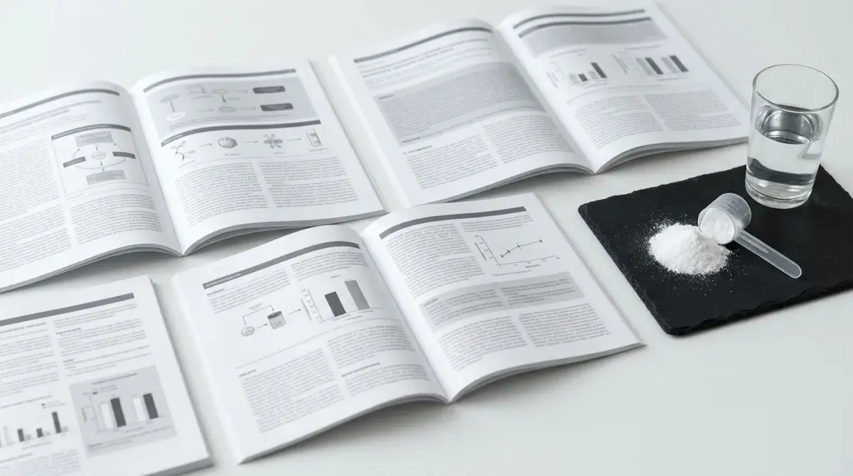 Open peer-reviewed journal article spreads on a white surface alongside a measured scoop of creatine monohydrate powder and a glass of water, soft clinical daylight