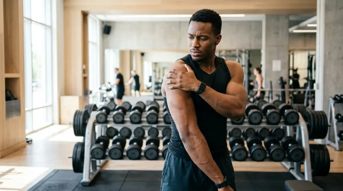 A person holding their sore shoulder after a workout next to a dumbbell rack in a gym