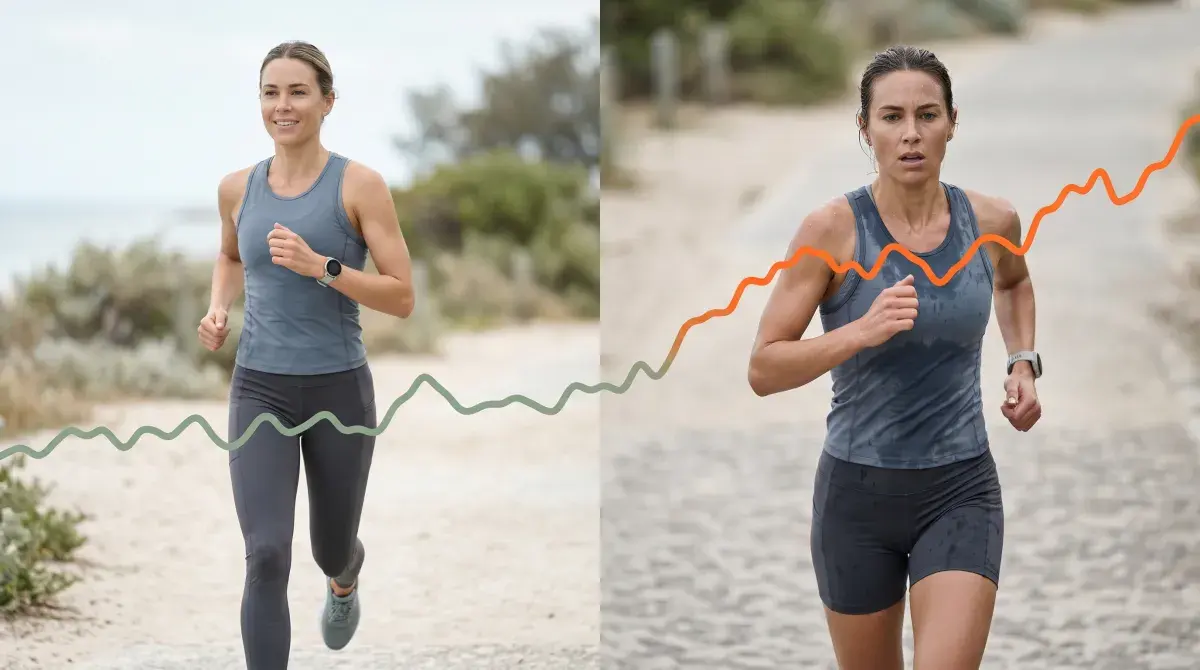Split-screen runner showing low-intensity Zone 2 fat-burning effort on the left and high-intensity Zone 4 endurance effort on the right with heart rate graph overlay
