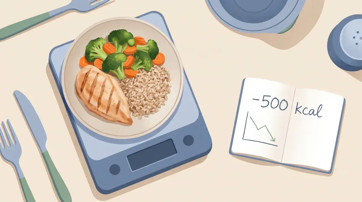 A kitchen food scale with grilled chicken, vegetables, and rice beside a notebook showing a calorie target