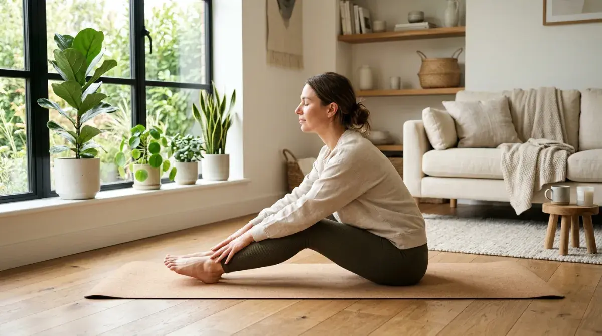 A person relaxing and stretching on a yoga mat at home on a recovery day