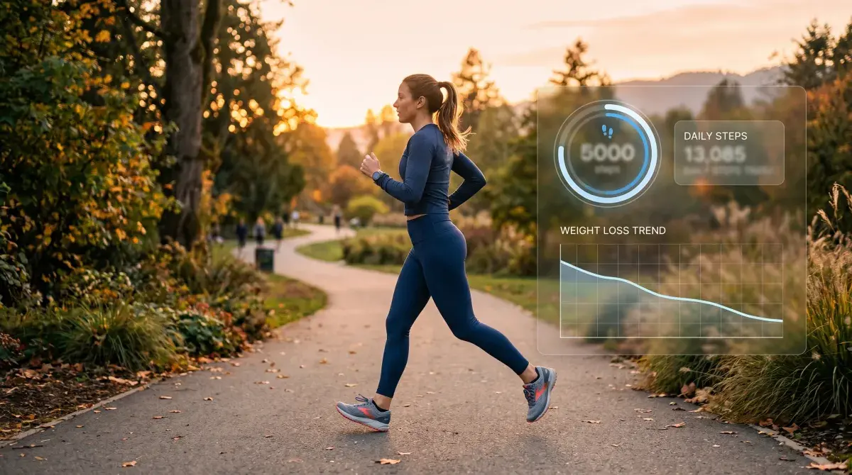 Person walking briskly on a park path at golden hour with a translucent overlay showing a daily step counter and a downward weight-loss trend line