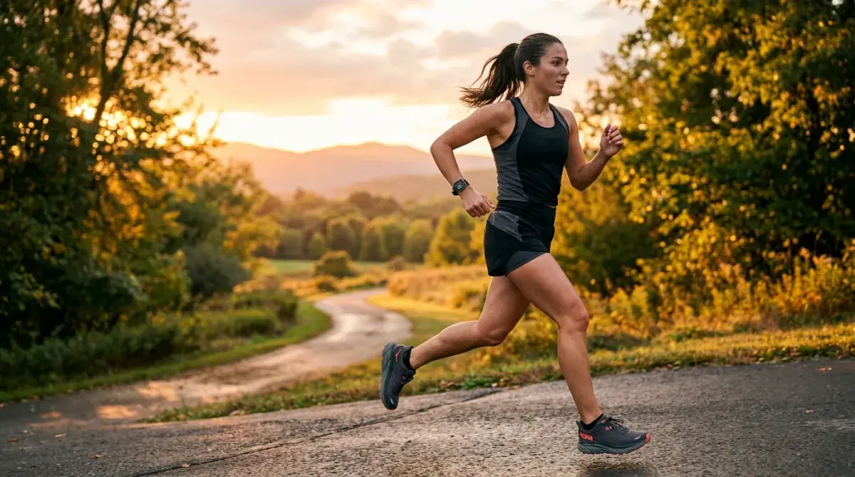 A person jogging on an outdoor path at golden hour with a fitness watch on their wrist