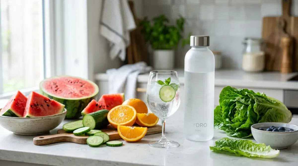 A clear glass and a reusable water bottle beside water-rich fruits and vegetables on a kitchen counter