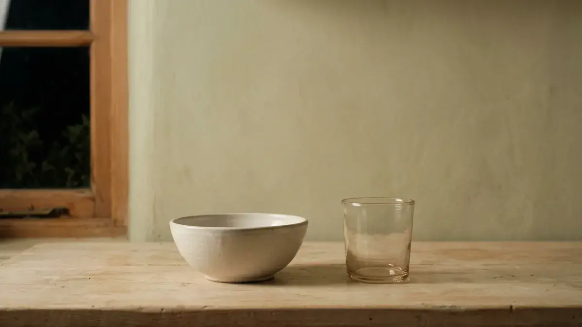A plain bowl and a glass on a kitchen counter in low evening light