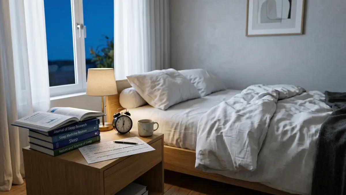 Open peer-reviewed sleep research journals next to a polysomnography readout and a quiet dimly lit bedroom in soft clinical morning light