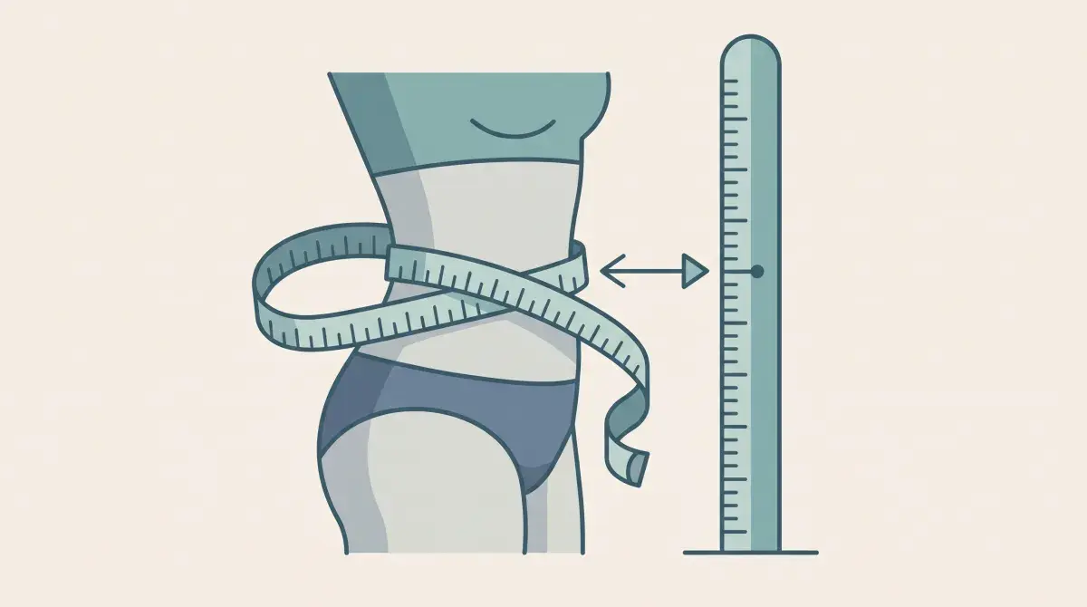 A cloth measuring tape around a torso midsection next to a height ruler, illustrating the waist-to-height comparison