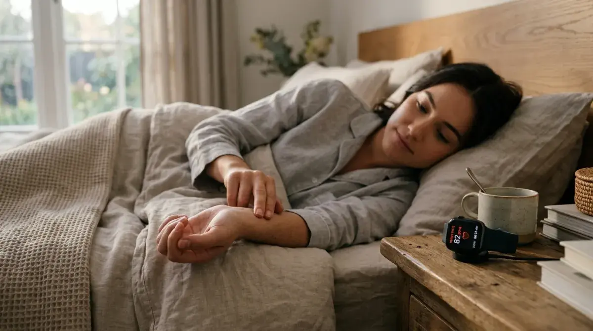 A person checking their pulse at the wrist first thing in the morning next to a heart-rate reading
